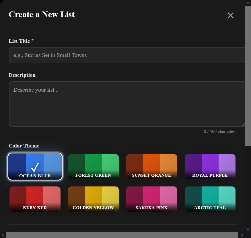 StoryTerra List Creation Page